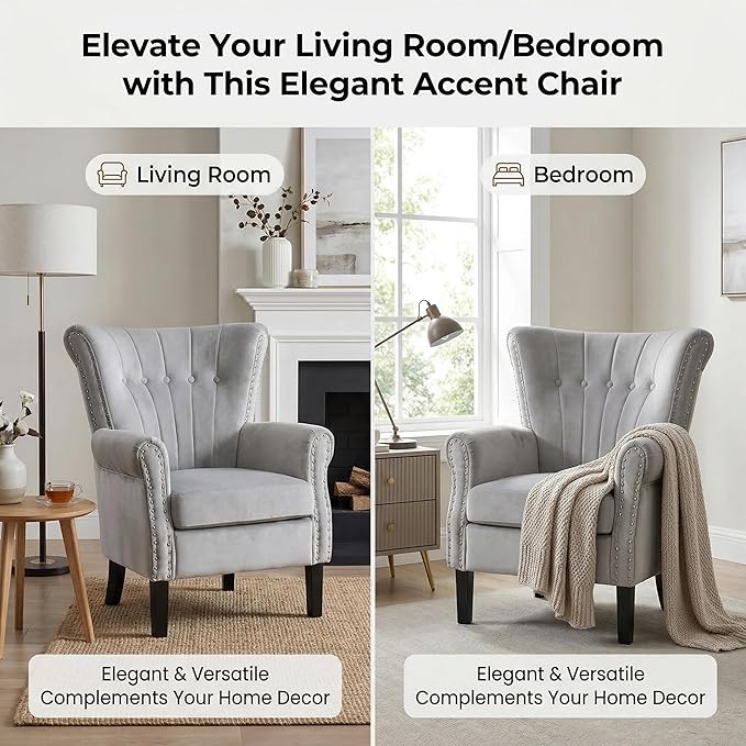 Modern Accent Chair for Living Room Comfy Upholstered Armchair for Bedroom &amp Small Spaces Mid Century Lounge Reading Chair for Office(Grey)