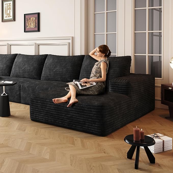 Ball &amp Cast 107 Cloud Sectional Couch with L-Shape ChaisePlush Corduroy Boneless Modular Sofa with Deep SeatUpholstered Couches for Living Room BedroomNo Assembly RequiredBlack(Left Facing)