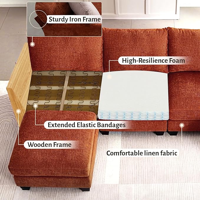 136.4 Modular Sectional Sofa U-Shaped 8 Seater Sectional Sofa with Storage Ottoman Linen L-Shaped Couch Large Cloud Couch with Cup Holders &amp USB for Living Room（Orange