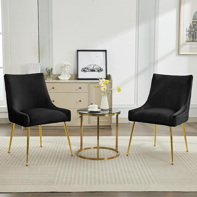 Velvet Dining Chairs Set of 6 Gold LegsUpholstered Velvet Accent Chairs Pleated Back Design &amp Gold Pull Handle Mid Century Modern Chairs for Dining/Kitchen/Living RoomBlack