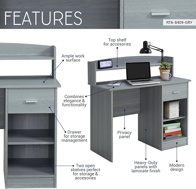 Techni Mobili Modern Office Hutch Writing Desk Grey