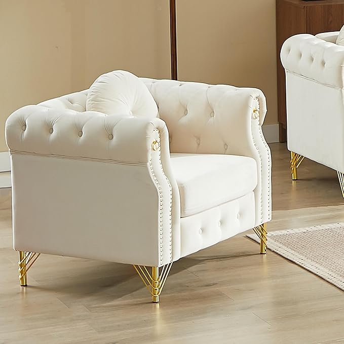 ERYE 37-Inch Chesterfield Button Tufted Single Sofa with Round Pillow Single Seat Velvet Tufted Sofa W/Nailhead DecorRing Accent &amp Golden Legs