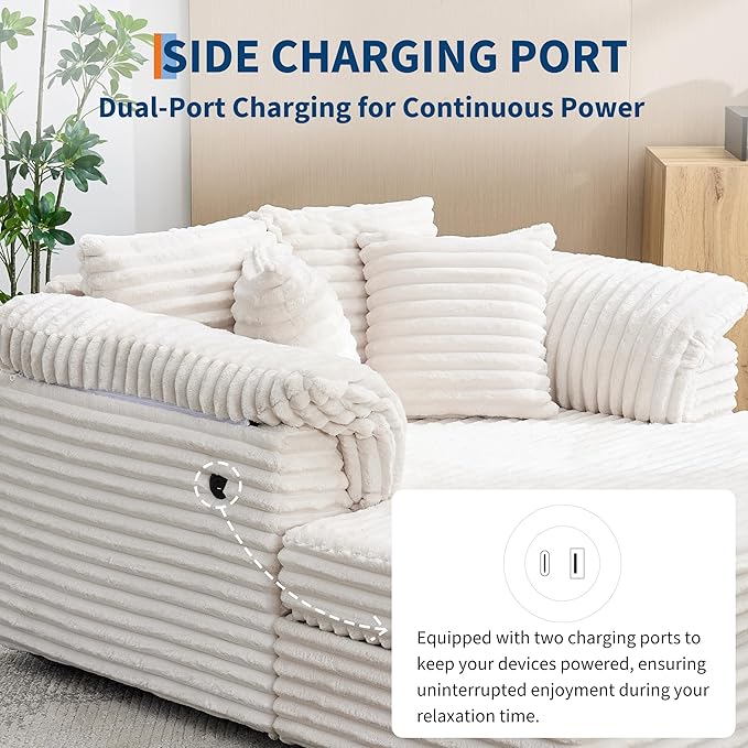 Oversized Chaise Lounge Chair Indoor Upholstered Sofa Bed with Throw Pillows and Armrests Comfy Corduroy Sleeper Couch with Cup Holders and Charging Port for Living Room Bedroom 60 Inch Wide White