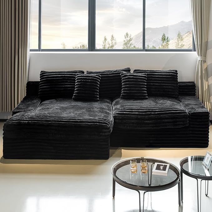 Black sectional couches for Living Room Corduroy Couch118 Cloud Sectional Couch with L-Shape Chaise Modern Modular Sofa Deep Seat Comfort No Assembly Required(Plush Corduroy Fabric)