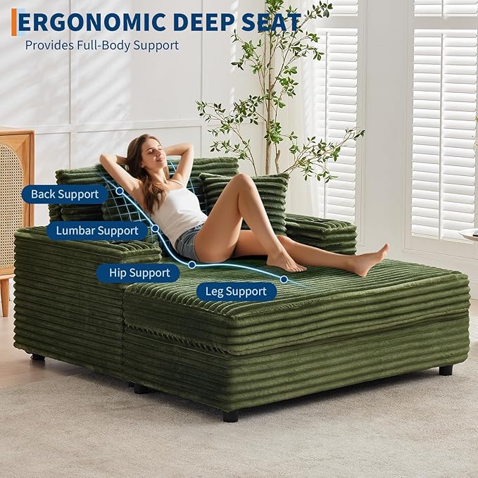 IDEALHOUSE 60 Oversized Chaise Lounge Chair Indoor Comfy Corduroy Lounge Sofa with Charging Station Upholstered Sofa Bed for Living Room Movie Room with Storage Pockets &amp 2 Cup Holders (Green)