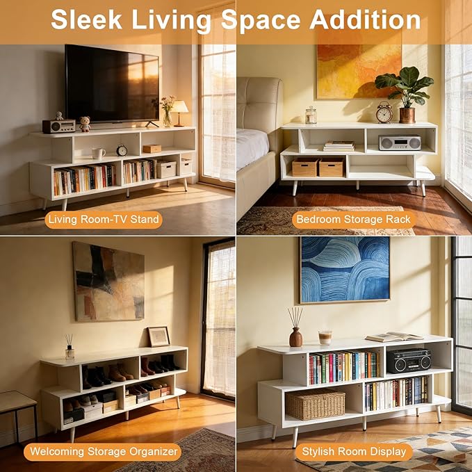 Lightdot 55 Inch TV Stand up to 65 Inch TVs Large Storage for Collection with 6 Open Shelves Sturdy Media Console Table for Living Room/Entrance/Kitchen/Sofa Cabinet Easy Assembly White