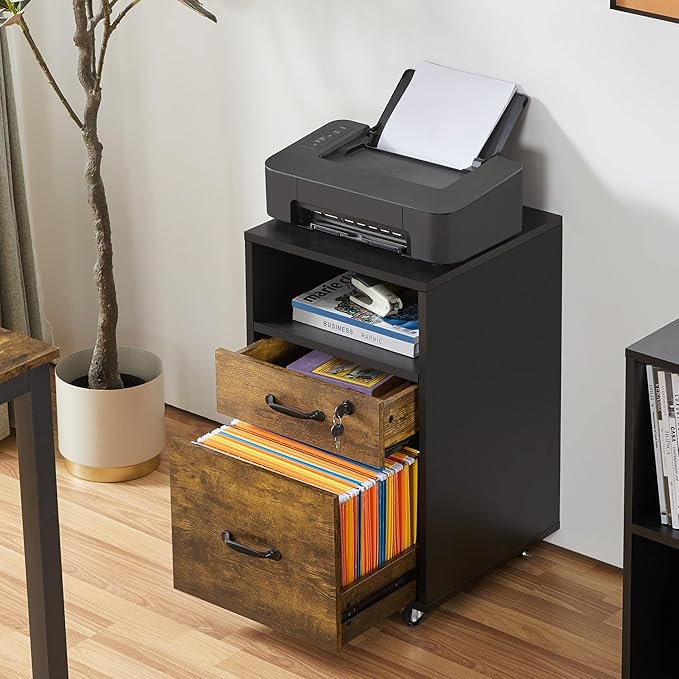Topeakmart Rolling Vertical Filing Cabinet with 2 Drawer and 1 Open Compartments File Storage Cabinet with Lock Printer Stand for Home and Office Black/Rustic Brown