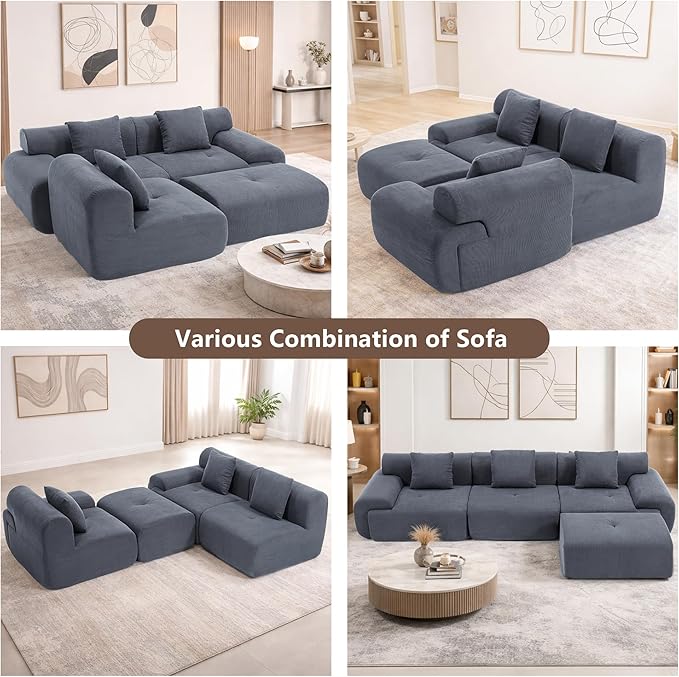 L-Shaped Boneless Modular Sectional Sofa Boneless Sectional Couch Oversized 3-Seater Cloud Couch with Deep Seat and Movable Ottoman for Living Room Apartment (Gray 3 Seater with 1 Ottoman)