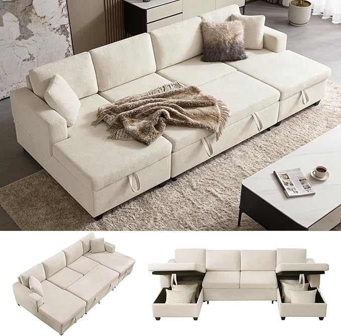 VANOMi U Shaped Sectional Sleeper Sofa with Pull Out Bed 113 Modular Sectional Sofa with Storage Chenille Couches for Living Room Apartment Office Beige | Large Storage Space with 2 Chaise with