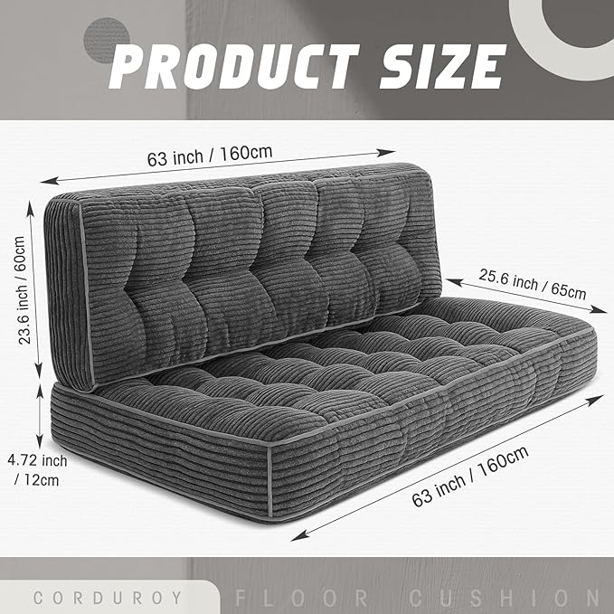 63 Inch Folding Bench Cushion 4 Inch Thick 2-in-1 Convertible Long Floor Lounger Boneless Cushions Couch Mattress Upholstered for Yoga Reading Sleeping Meditation Living Room(Dark Grey)