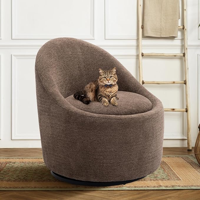 360° Swivel Accent Chair Mid-Century Modern Chair with Hidden Storge Small Swivel Chair with Arms for Living Room/Office-Brown