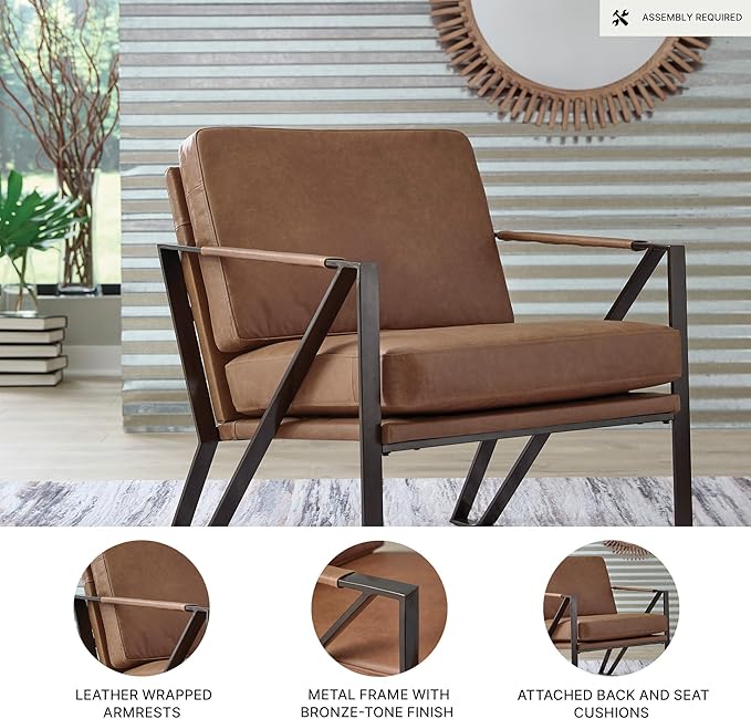 Signature Design by Ashley Garronmont Mid-Century Modern Leather Accent Chair with Metal Frame Light Brown &amp Metallic