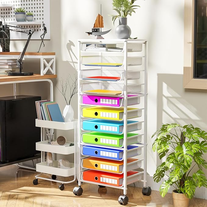 Simple Trending 12 Tier Rolling File CartWood Desk File Organizer with Sliding Trays and Wetal Mesh Paper Letter Storage Multi-Functional Rolling Clutter Cart for Office Home SchoolWhite