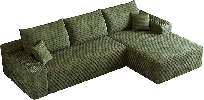 107 Cloud Sectional Couch with L-Shape Chaise Modern Modular Sofa with Deep Seat Corduroy Upholstered Couches for Living Room BedroomNo Assembly Required(Green Right Facing)
