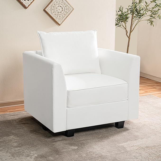 Naomi Home Elizabeth Modern Modular DIY Collection - Air Leather Armchair with Sturdy Wooden Frame - Versatile &amp Stylish Accent Chair for Living Room Bedroom or Small Spaces White