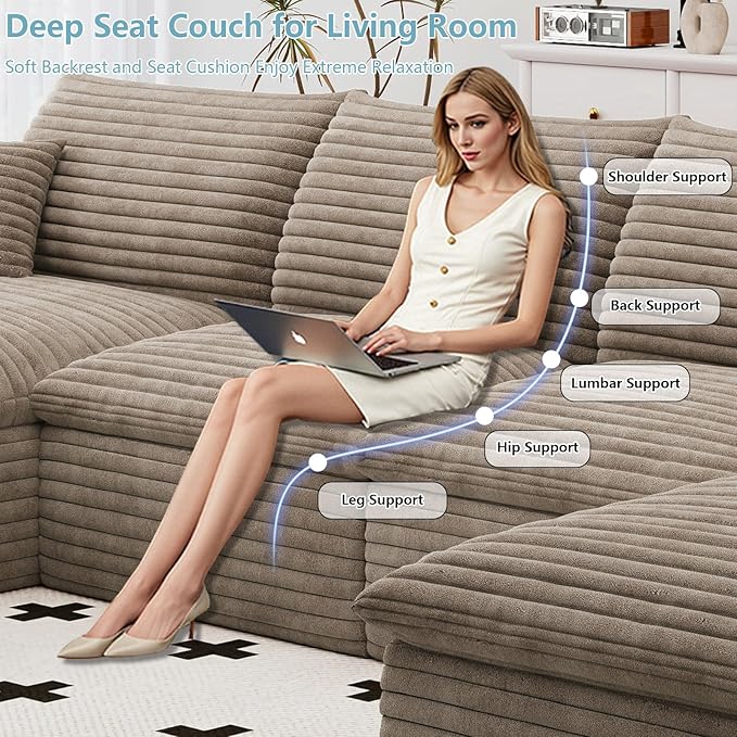 136 Cloud Sectional Couch with U-Shaped ChaiseCorduroy Viral Boneless Sofa with OttomanMemory Foam Couches in a Box with Deep Seat for Living RoomNo Assembly Required (CamelLeft-Facing Chaise)