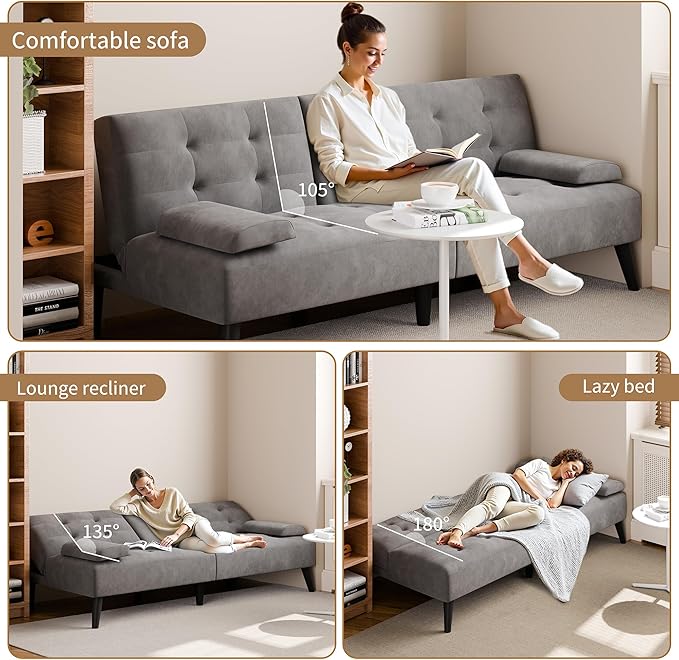 JAMFLY Futon Couches Loveseat Sofa Bed Convertible Lazy Futon Sofa Bed with Cup Holder for Small Spaces Bedroom Living Room Apartment Dorm （Dark Grey）