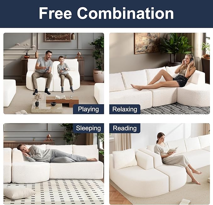 144 Oversized Sectional Sofa with Chaise Lounge Boneless Couches for Living Room Modern Luxury Chenille 5-Seater Sofa Deep Seat U-Shape Curved Cloud Couch No Assembly Required (White)