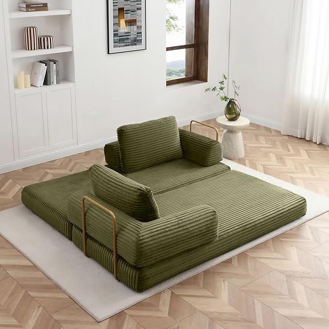 80 Convertible Sofa Bed Modern Corduroy Sleeper Sofa Folding Floor Couch with Golden Fixed-Shape Frame Green Boneless Loveseat Sofas Bed for Living Room Bedroom No Assembly Needed