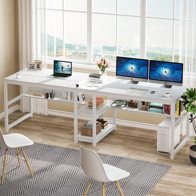 LITTLE TREE Industrial 78.7 Desk with Shelves Double Workstation for Two People Computer Office Desk Writing Table with 3 Drawers Large Metal Tabletop White