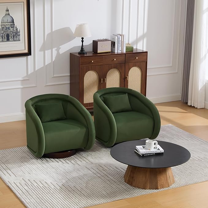 Swivel Accent Chair 360-Degree Rotating Barrel Chair with Soft Velvet Upholstery Comfy Pumpkin-Shaped Lounge Chair for Living Room Bedroom Office (Green)