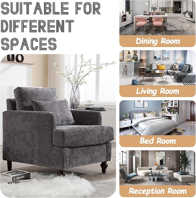 Oversized Accent Chair with Lumbar Pillow Upholstered Side Chairs for Living Room Bedroom Comfy Reading Chairs for Adults with Wide Seat Thick Cushion Soft Chenille (Grey)