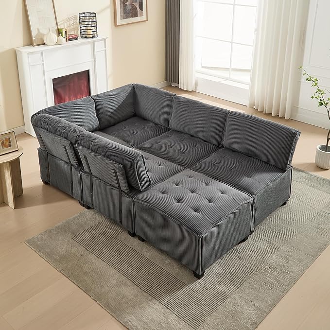 121 Inch Cloud Oversized Modular Sectional Sofa U Shaped Modular Couch with Reversible Chaise Comfy 6 Seat Convertible Sectional Sofa with Ottoman for Living Room Dark Grey
