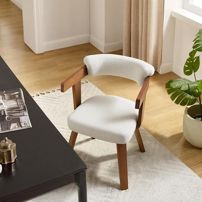 Art Leon Office Chair No Wheels - Mid Century Modern Desk Chair Fabric Upholstered Accent Arm Chair with Wood Legs for Small Spaces Home Office Living Room Bedroom Study Off White/Walnut