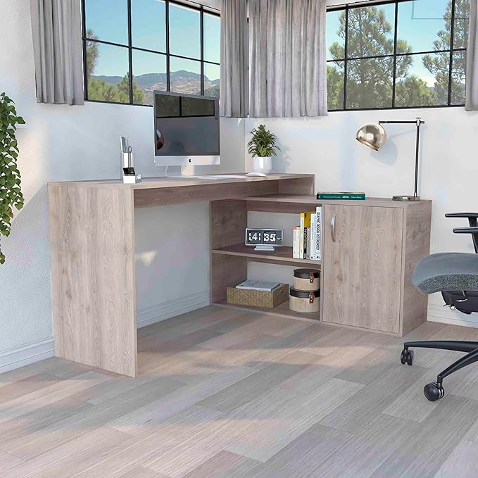 Modern L-Shaped Computer Desk Home Office Desk with Open &amp Closed StorageLight Gray for Home Office