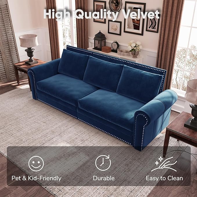 JOYBASE Pull Out Sofa Bed King-Size Convertible Sleeper Sofa Modern 3-Seater Velvet Couch with Nailhead for Living Room Office Apartment (Blue)