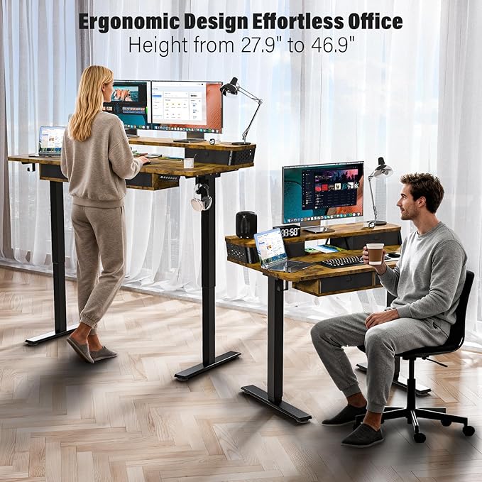 Kingant 55 x 24 Inch Electric Standing Desk with 4 Drawers Height Adjustable Sit to Stand Computer Desk with Storage Shelf and C-Clamp Mount Compatibility for Home Office Rustic Brown