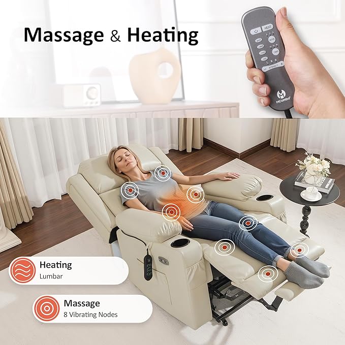 MCombo Lay Flat Triple Motor Power Lift Recliner Chair with Massage and Heat Electric Recliner Chair for Elderly People Adjustable Headrest Infinite Position Faux Leather 7661 (Beige Medium)