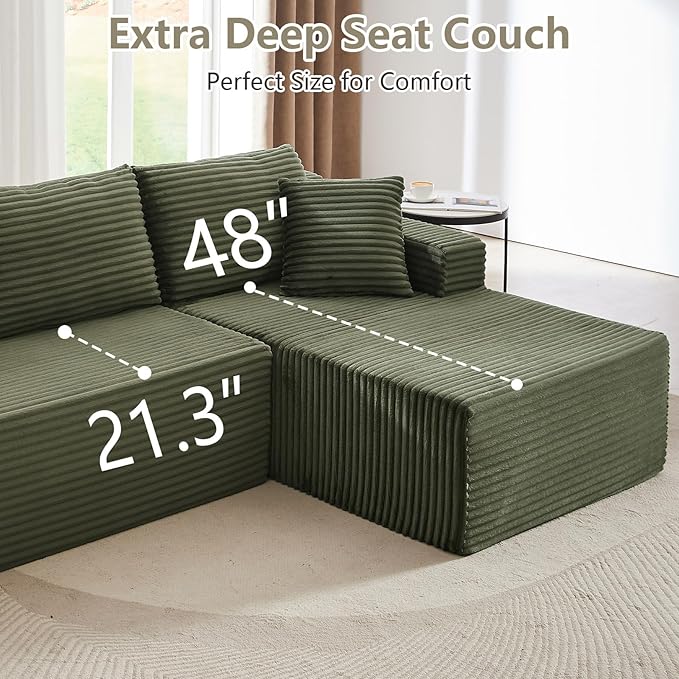 103 Cloud Sectional Couch with Chaise Lounge L Shaped Modular Modern Sofa Comfy Corduroy Fluffy Sofa with Deep Seat No Assembly Required Foam Couch for Living Room(Green Right Facing Chaise)