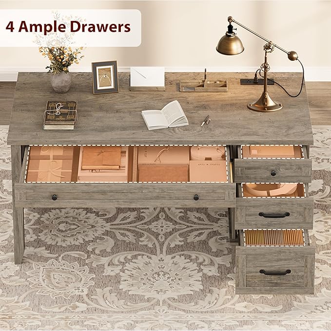 IDEALHOUSE Rustic Wood Double Desk with Built-in Charging Station &amp 4 File Drawers Spacious 2-Person Writing Table for Home Office Heavy-Duty Dual Workstation for Study &amp Work Gray