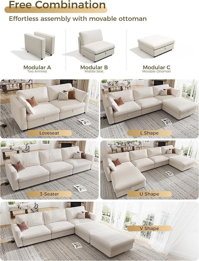 KKL Modular Sectional Sofa Couches for Living Room 113 Sofa Couch with Adjustable Backrest 3 Seater Sofa Couch with Comfy Cushion Chenille Beige