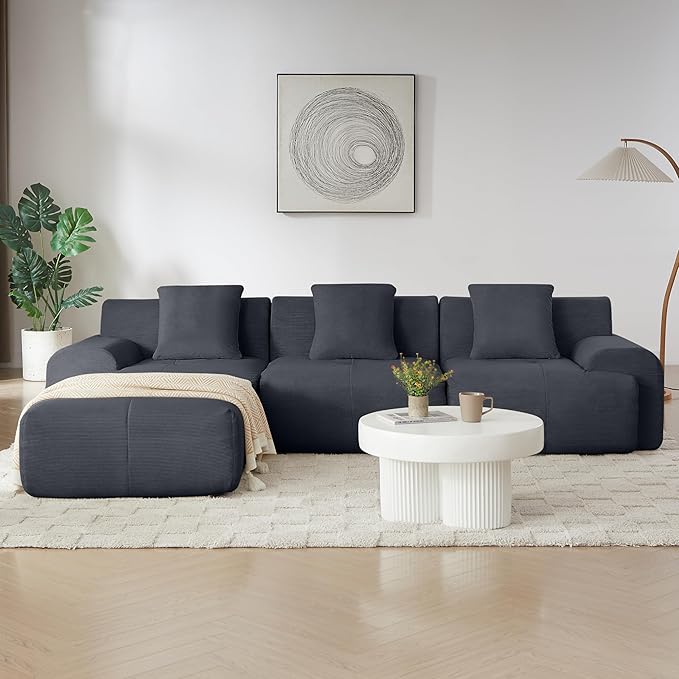 113 Cloud Compressed Modular Sectional Sofa Boneless Couch for Living Room Modern Corduroy Upholstered L-Shaped Corner Couch with Reversible Ottoman for Apartment | Deep Seat Wider Armrest Free Co