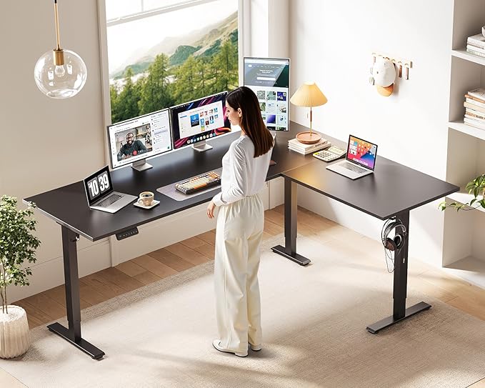 Casaottima 71 Inch Reversible Electric L Shaped Standing Desk Height Adjustable Corner Stand up Desk Ergonomic Large Lift Table for Home Office Workstation Reception Room Black