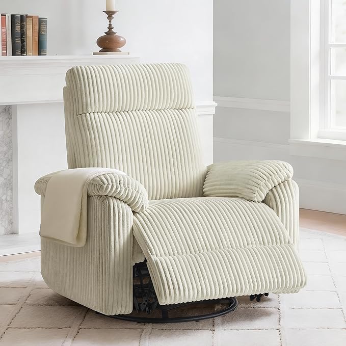 Swivel Rocker Recliner for Adults Corduroy 360 Degree Swivel Glider Recliner Manual 3-Position Adjustable Easy Assembly for Small Space Living Room Nursery Bedroom