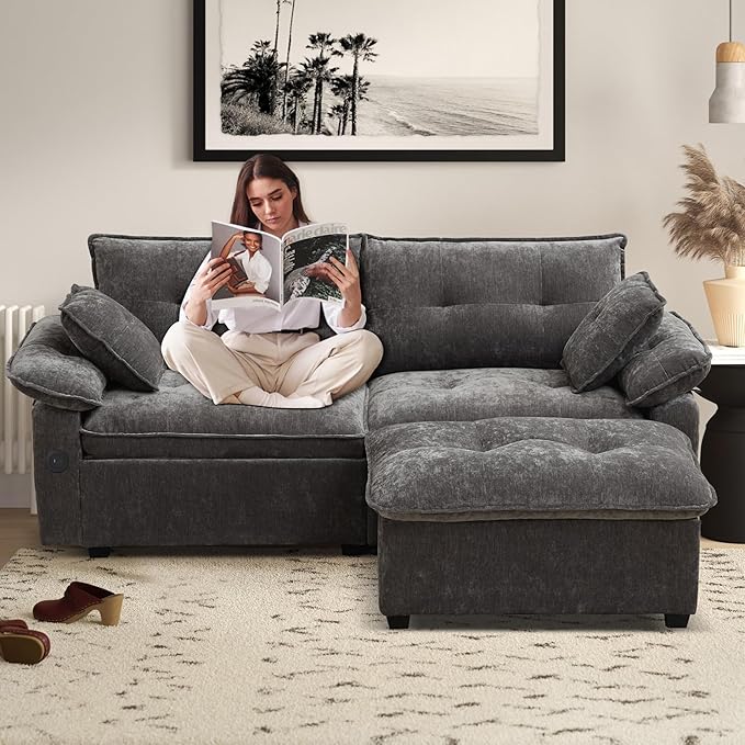 89'' L Shaped Modern Sofa Modular Sectional Cloud Couch with Ottoman Comfy Chenille Deep Seat Sofa with Throw Pillows/USB 2 Seater Couch for Living Room for Living Room Office and Apartment