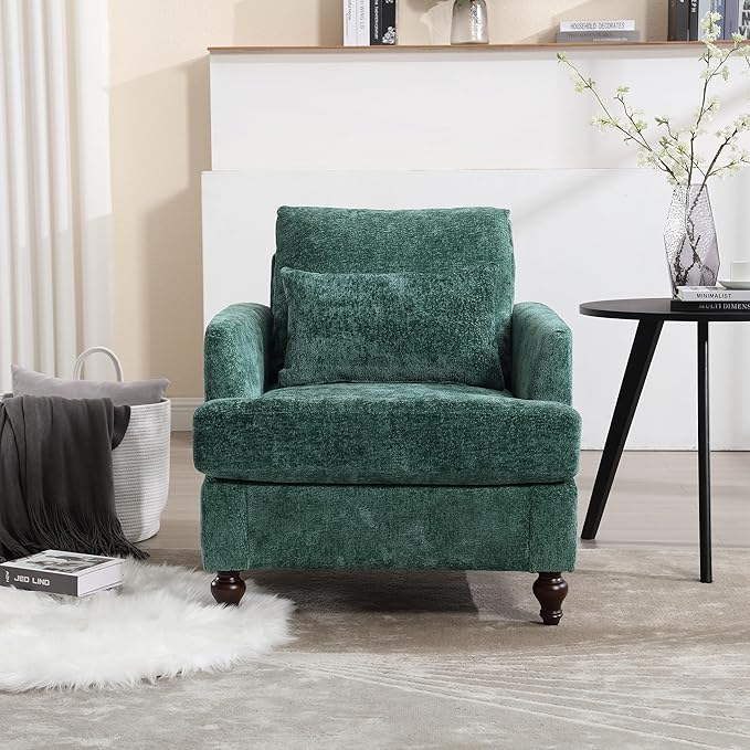 Mid Century Modern Accent ChairsChenille Upholstered Armchair with Rubber Wooden LegsComfy Reading Chairs with Scooped Arms for Living RoomBedroom (Emerald)