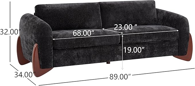 Christopher Knight Home Taki 89 Inches Sofa Couch Cozy Chenille Upholstered 3-Seater Sofa Wood Frame Couches Comfy Home Sofa Living Room and Office Lounge Seating with Armrests Black