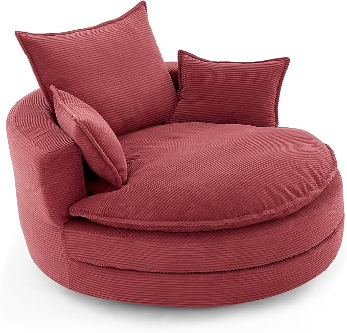 360° Swivel Sofa Chair with Dual-Layer Cushion Design 57.5 Swivel Round Accent Barrel Chair with 3 Removable Pillows for Living Room Office and Hotel (Red//261)