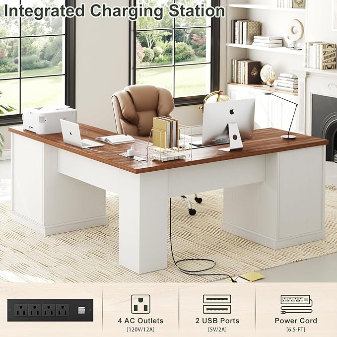 Unikito Farmhouse L Shaped Executive Desk with File Drawers 60 Corner Computer Desk with Power Outlets Large 2 Person Home Office Table with Storage Cabinet Sturdy Writing Desk White and Brown