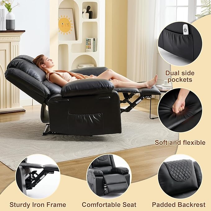 PU Leather Extra Wide Manual Recliner Chair for Adults with Massage &amp Heat Oversized Lazy Recliner with 1.5X Thick Sponge Comfort for Living Room BedroomBlack