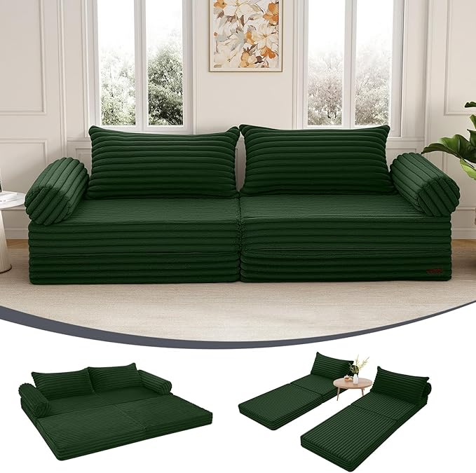 MeMoreCool Convertible Sofa Bed Folding Floor Couch Bed Queen Pull Out Sleeper Couch with Pillows Fold Out Futon Sofa for Bedroom Living Room Small Space Corduroy Green