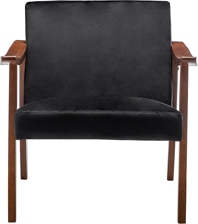 Accent Chair with Velvet Upholstery and Solid Wood Frame Classic Mid-Century Modern Living Room Furniture for Extra Seating Black