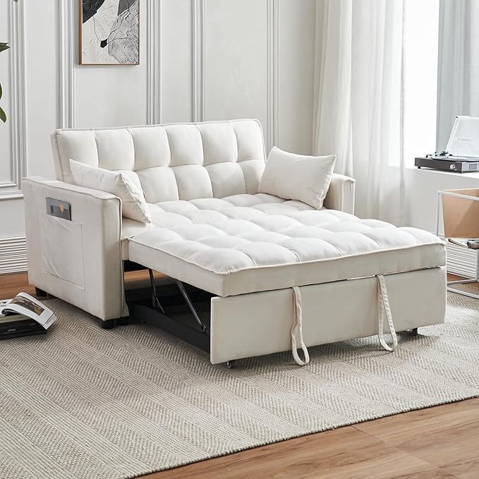 Futon Sofa Bed 3 in 1 Sleeper Sofa Couch Bed with Armrests Storage Pockets and 2 Pillows Adjustable Backrest Sofa Bed Couch for Living Room Bedroom OfficeReading Room(Beige)