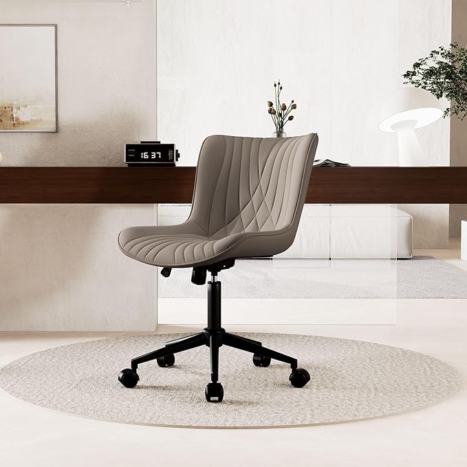 YOUNIKE Office Chair Desk Chair with Wheels Home Office Computer Task Chairs Modern Faux Leather Padded Vanity Chair Adjustable Swivel Armless Office Chairs with Back Khaki