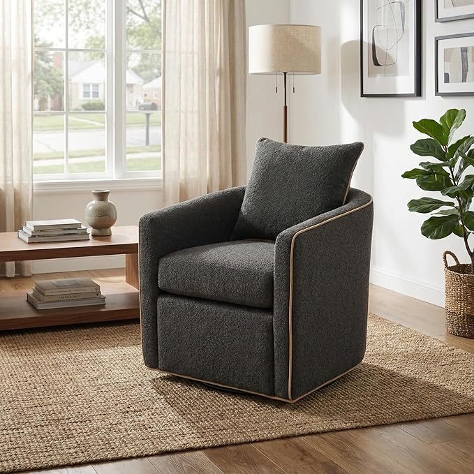 Christopher Knight Home Arlo 360° Swivel Accent Chair for Living Room Bouclé Upholstered Rotating Lounge Chair Indoor Barrel Swivel Chair with Iron Frame Curved Armrest and Padded Seat Dark Grey