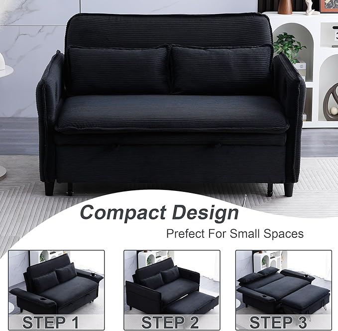 3 in 1 Convertible Sleeper Sofa Bed Loveseat Sleeper 65” Pull Out Couch Adjustable Armrest and Backrest with 2 Pillows for Living Room Bedroom (Black)